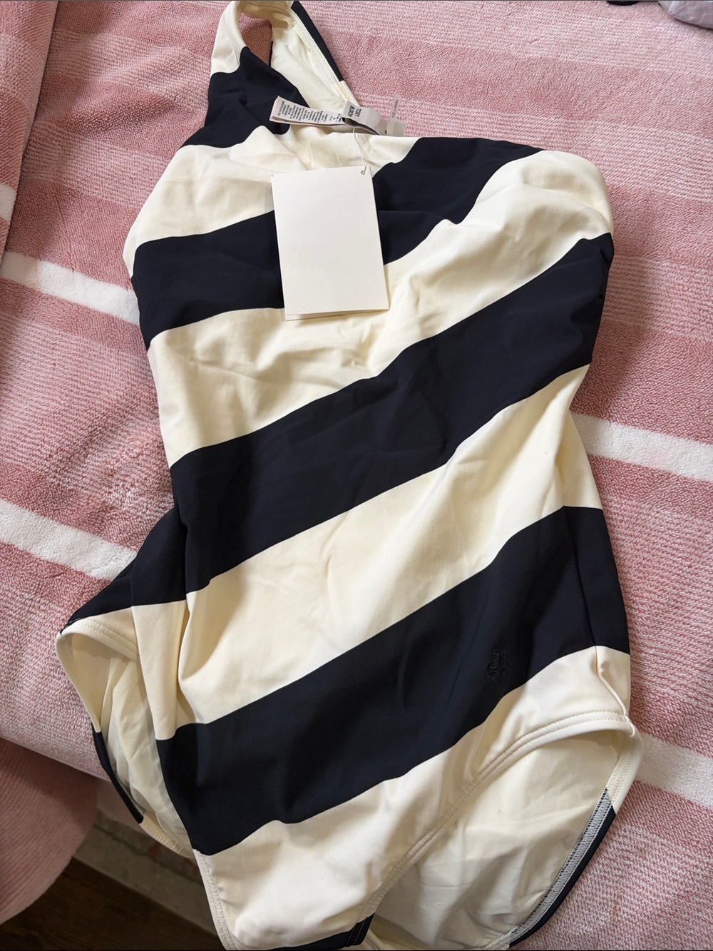 Tory Burch Oversized Navy and White Diagonal Stripe One-Piece